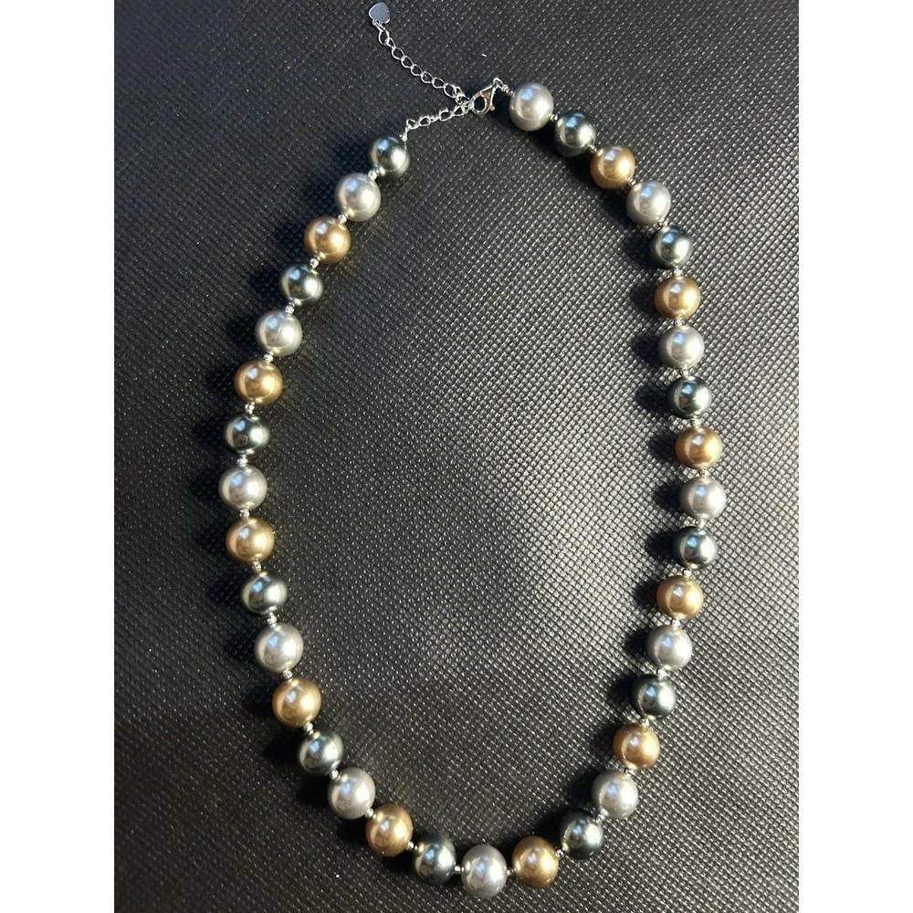 Metallic Faux Pearl Statement Necklace Silver S925‎ Extender Gray Silver brown